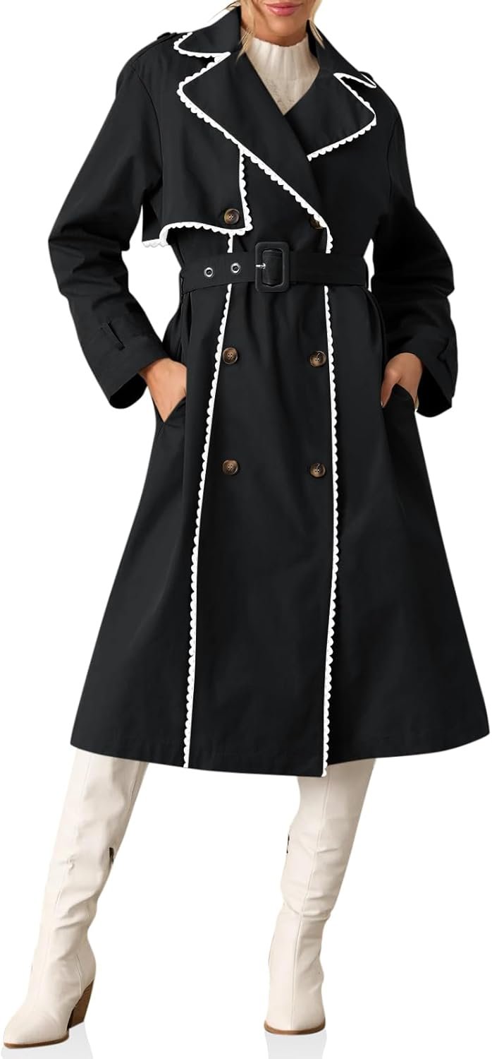 Womens Long Trench Coat Casual Double Breasted Windproof Jacket Classic Lapel Overcoat with Belt