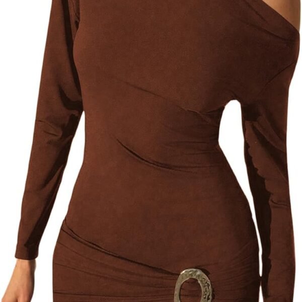 Women's Off-Shoulder Mini Dress: Long Sleeves with Asymmetrical Neckline — Pleated Bodycon Dress