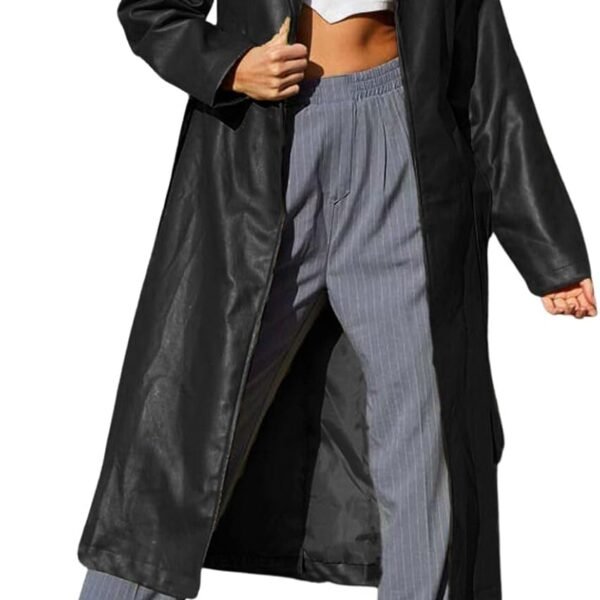 Women's Casual PU Leather Long Jacket – Lapel Collar Open-Front Trench Coat (Belted)