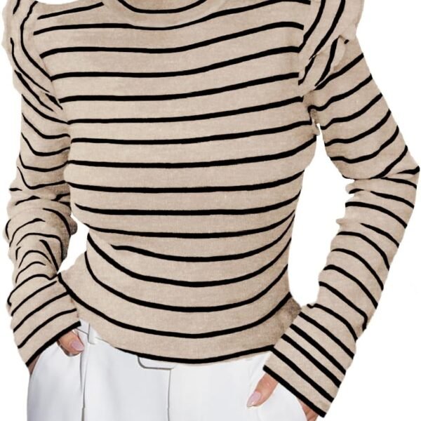 Women's Long Sleeve Ruffle Shirts Striped Rib Knit Blouse Slim Casual Office Trendy Fall Spring Tops 2026