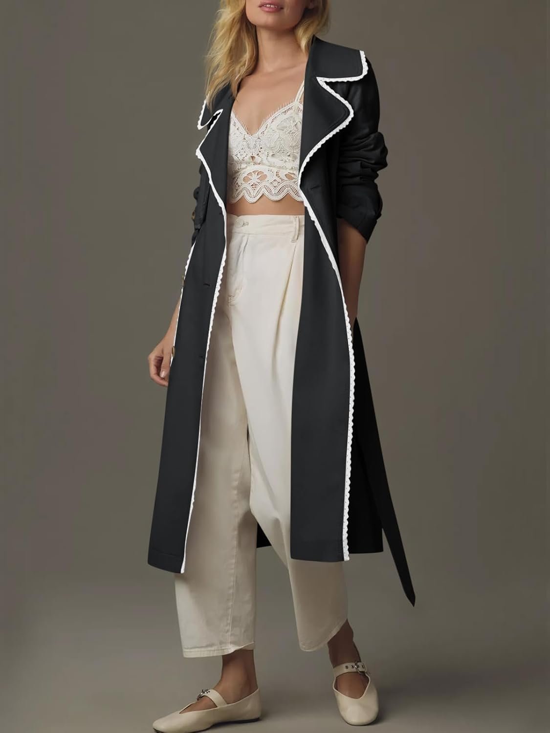 Womens Long Trench Coat Casual Double Breasted Windproof Jacket Classic Lapel Overcoat with Belt - Image 2