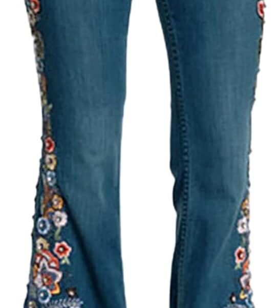 Women Embroidery Bell Bottom Jeans Slim Washed Floral Graphic Blue Jean Casual High Waist Pants