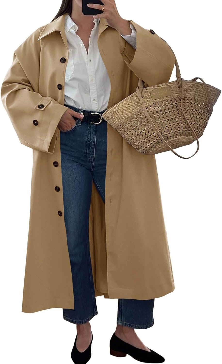 Womens Long Trench Coat Single Breasted Oversized Windproof Classic Lapel Fall Overcoat - Image 2