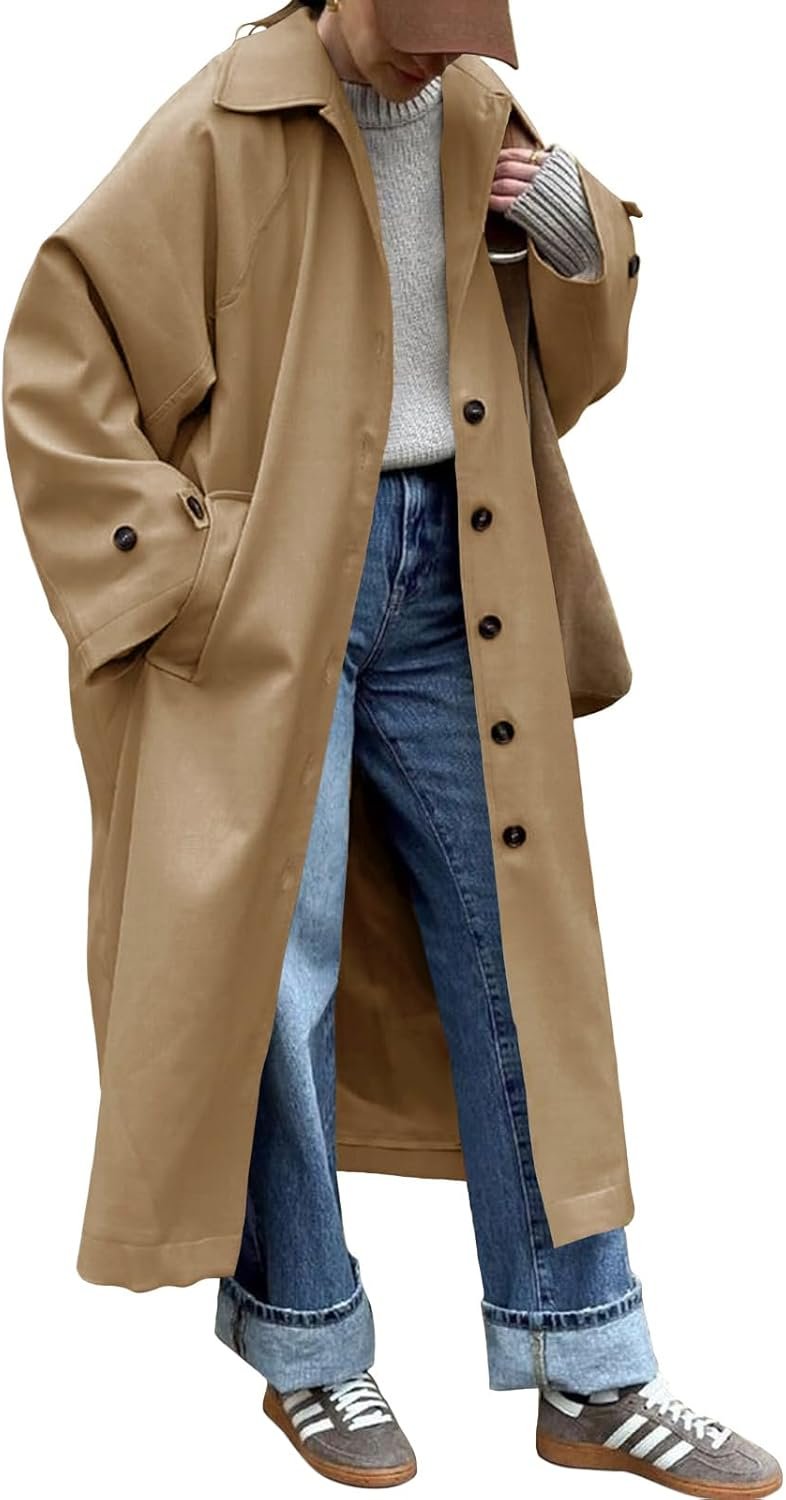 Womens Long Trench Coat Single Breasted Oversized Windproof Classic Lapel Fall Overcoat