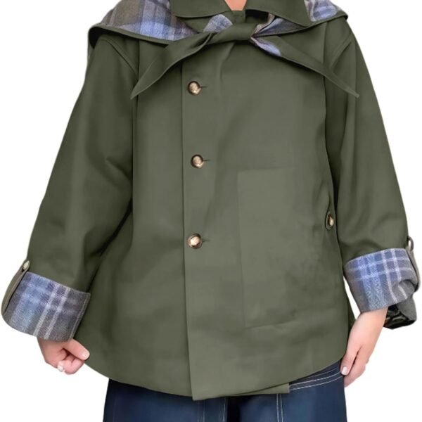 Women's Short Trench Coat – Autumn Plaid Reversible Jacket with Notched Lapel (Loose Fit, With Pockets)