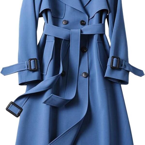 Women's Double Breasted Long Trench Coat Belted Notch Lapel Overcoat Windproof Classic Outerwear