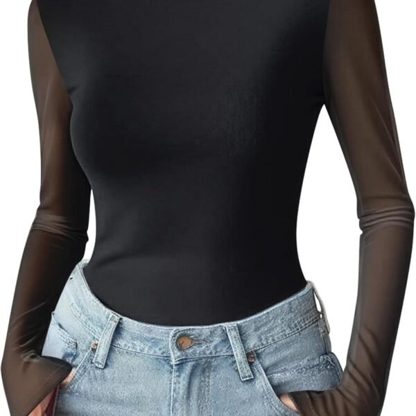 Womens Floral Mesh Long Sleeve Tops See Through Going Out Blouses Mock Neck Sheer Party Outfits Shirts S-XXL