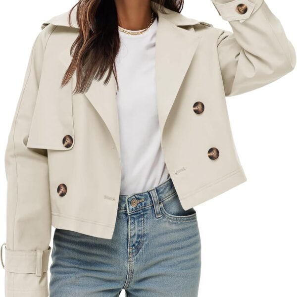 Women's Short Trench Coat – Lapel Collar, Double-Breasted Jacket, Stylish Outerwear