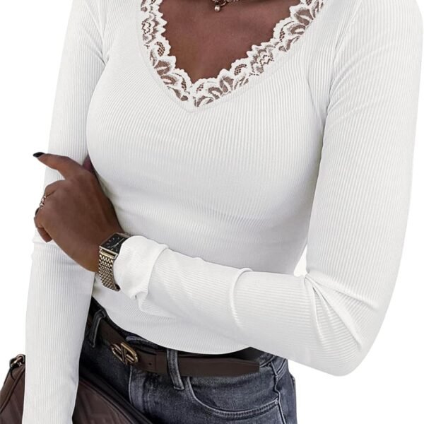 Long Sleeve Shirts for Women Lace V Neck Ribbed Fitted T-Shirt Dressy Business Casual Blouses 2026 Trendy Fall Tops