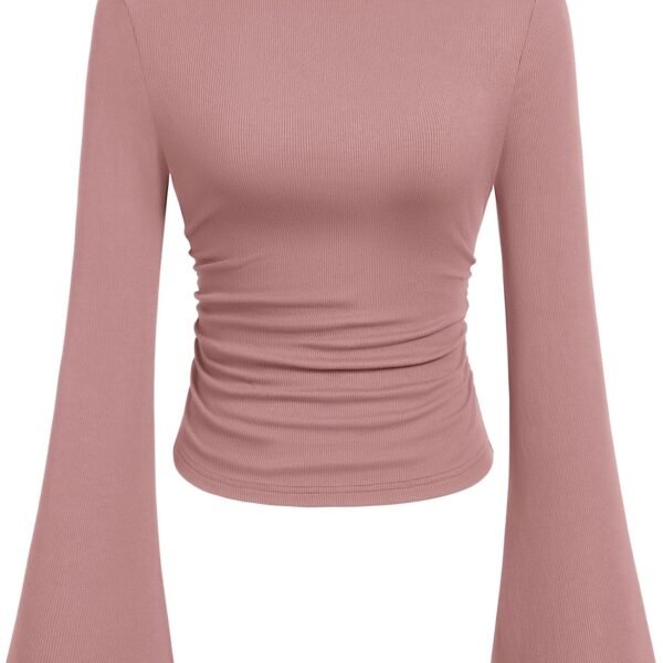 Women's Long Sleeve Shirts 2026 Fall Crop Going Out Tops Casual Boat Neck Bell Sleeve Ribbed Ruched Y2K Clothes