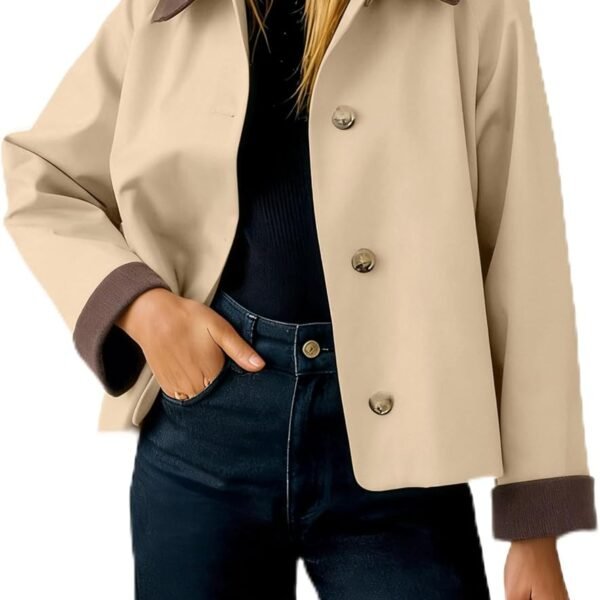 Women's Contrast-Collar Jacket – Casual Button-Up, Long-Sleeve Short Trench Coat (With Pockets)