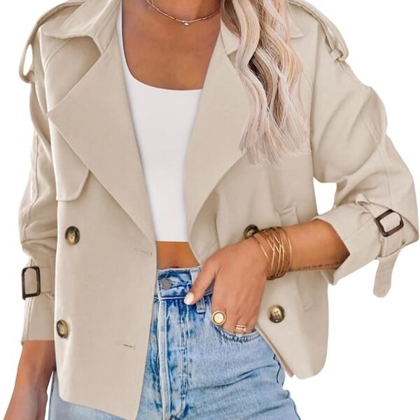 Women Crop Double Breasted Trench Coat Raglan Sleeve Work Office Cropped Jacket With Pockets