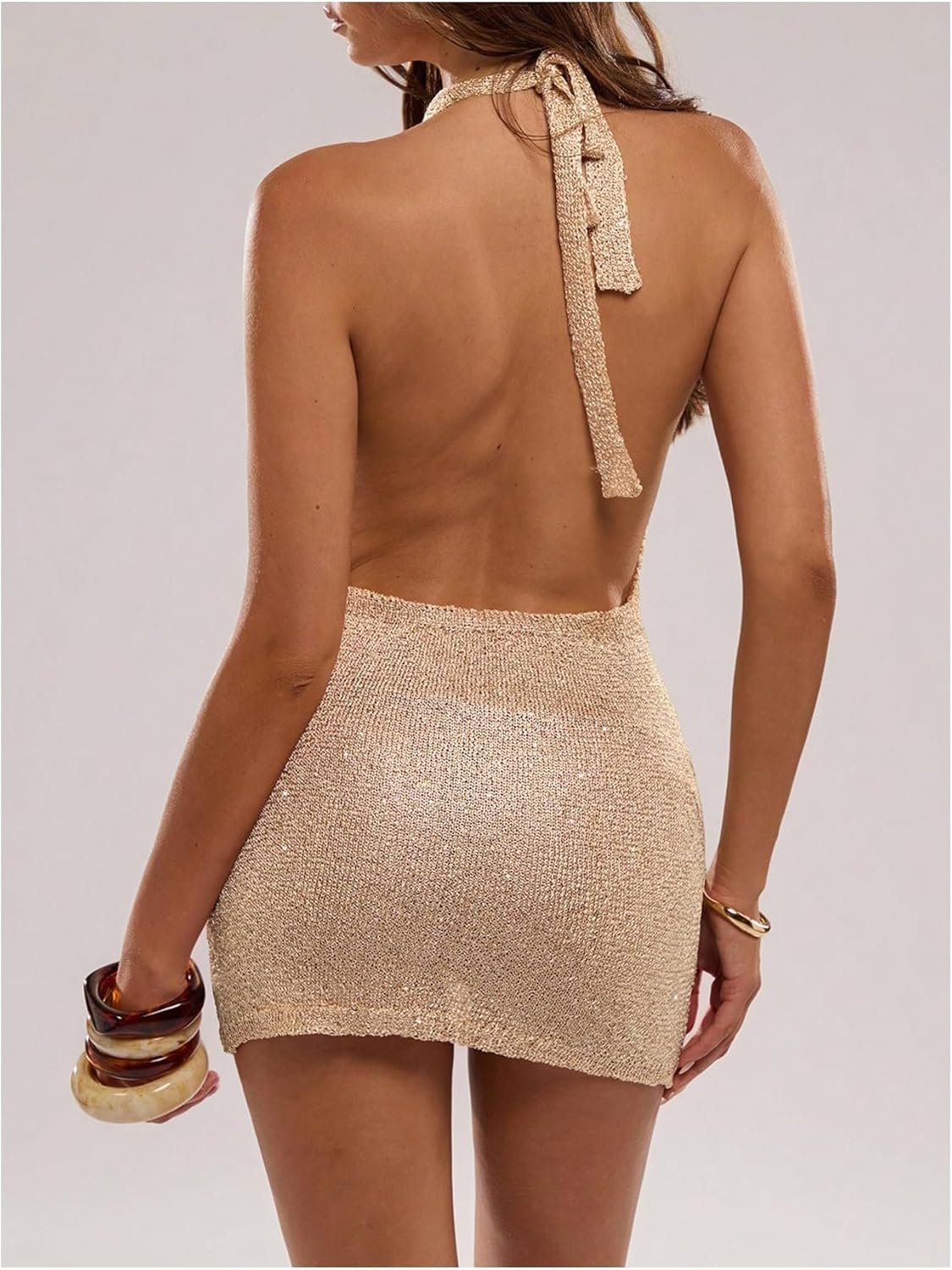Women's Y2K Streetwear: Sexy Backless Halter Dress — Draped Cowl Neck with Sequin Embellishments — Bodycon Party Mini Dress - Image 2