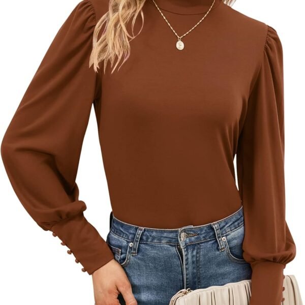 Womens Mock Neck Puff Long Sleeve Tops Casual Loose Solid Basic T Shirt Button Cuffs Pullovers Shirts Blouse