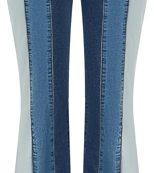 Women Patchwork Flare Jeans Stretch High Waisted Bell Bottom Raw Hem Denim Pants