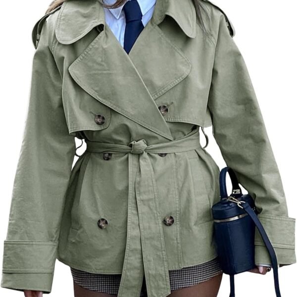 Women's Short Trench Coat – Double-Breasted Lapel Jacket (Belted)