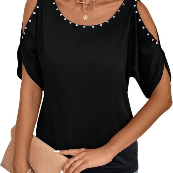 Women's Cold Shoulder Beaded Blouse Top Elegant Summer Scoop Neck Dressy T Shirts Tops