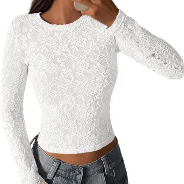 Women's 2026 Fall Long Sleeve Lace T Shirts Crewneck Silm Fit Embroidered Fashion Mesh Tops Shirts