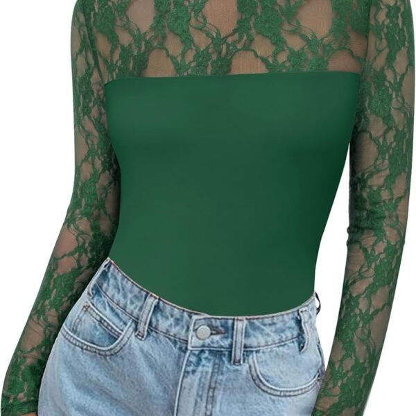 Long Sleeve Shirts for Women's Lace Tops Mesh Sheer Crew Neck Shirts Sexy Fall Going Out Blouse