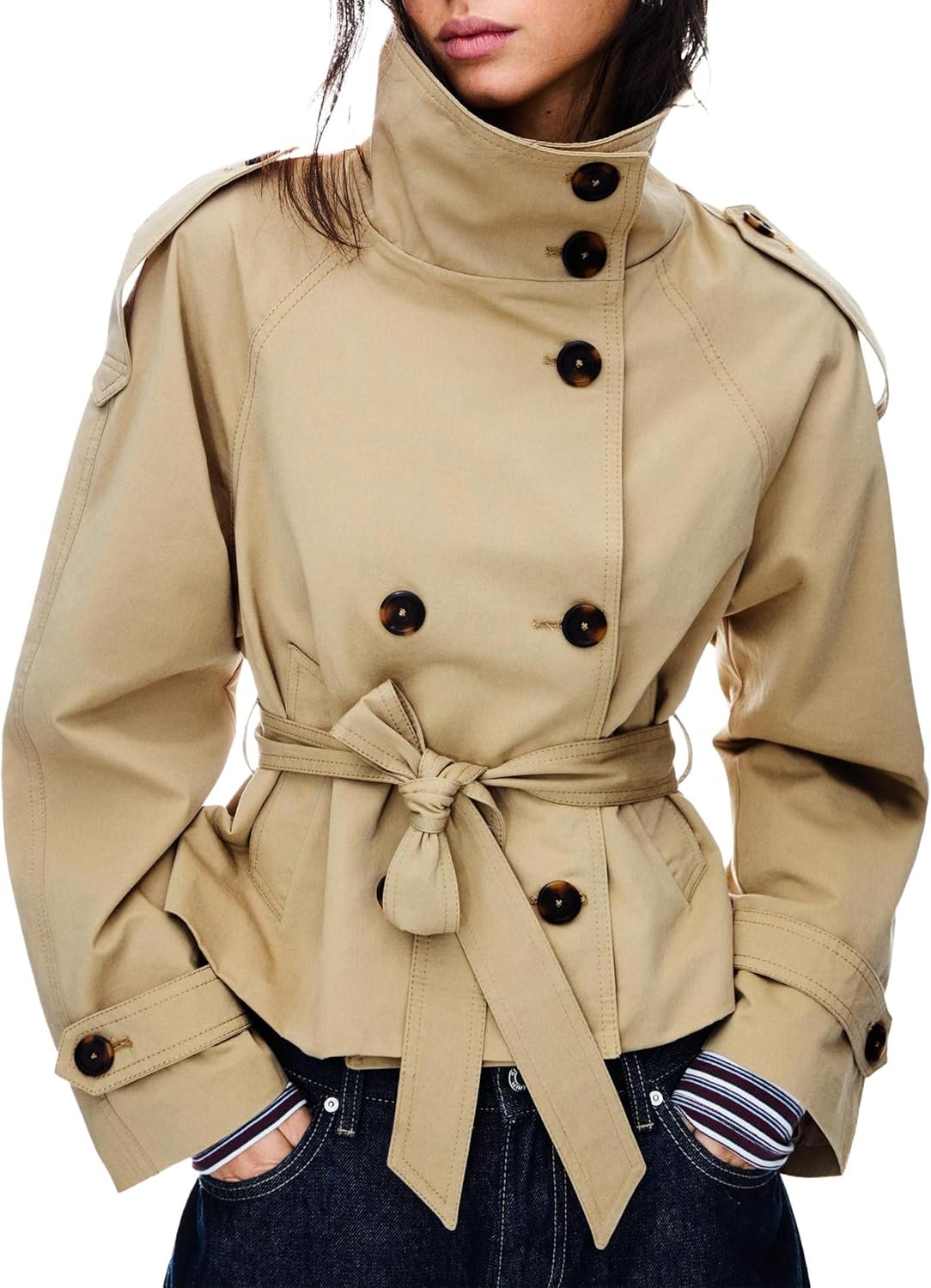 Women's Short Trench Coat – Double-Breasted Jacket, High-Collar Autumn/Winter Outerwear (Belted Style)